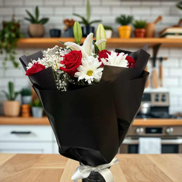 Bouquet of red roses, white lilies, and daisies in black wrap with a white ribbon