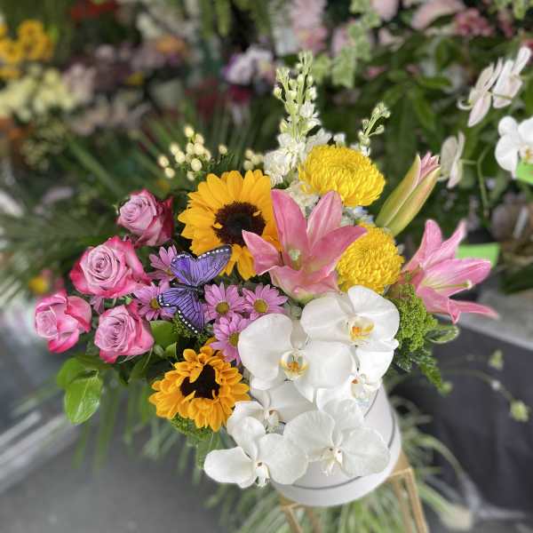 Mixed bouquet with roses, sunflowers, orchids, and lilies in a white vase