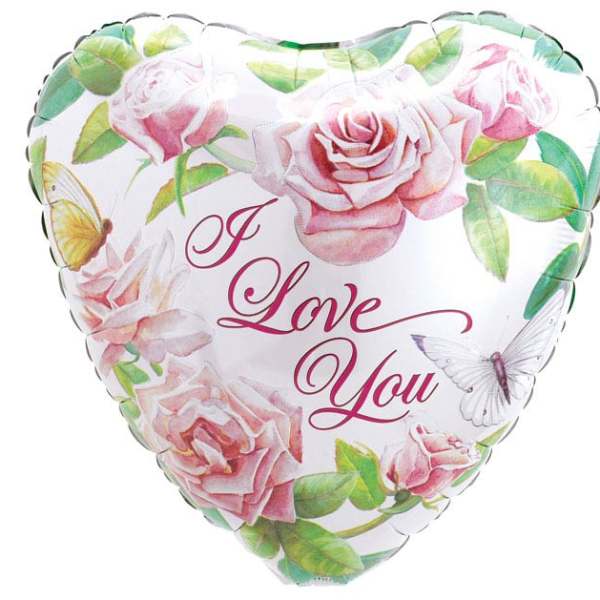 Heart-shaped balloon with pink roses and the words I Love You