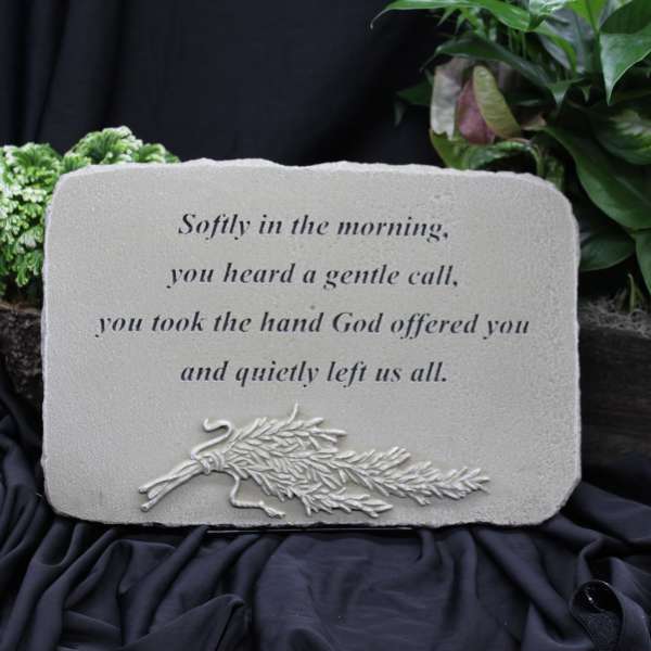 Memorial plaque with engraved poem and floral relief