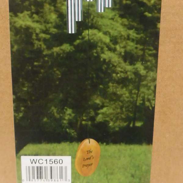 Silver wind chime with a wooden top and prayer tag
