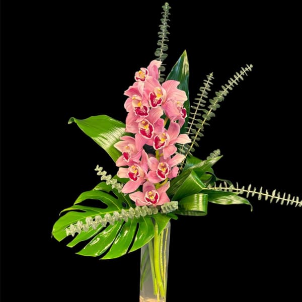 Pink orchids in a tall glass vase with large tropical leaves