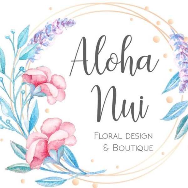 Watercolor floral logo with the text Aloha Nui