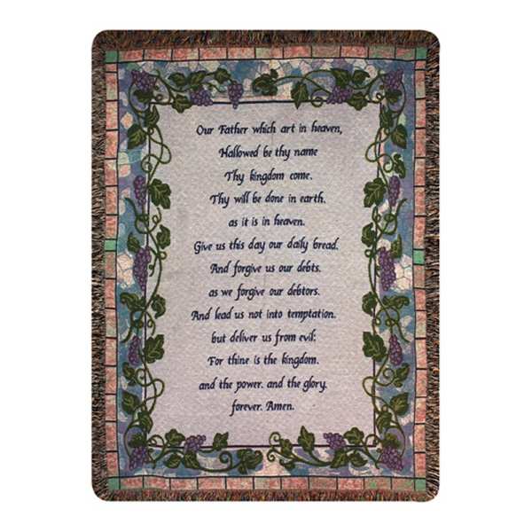 Decorative woven blanket with a prayer printed in the center