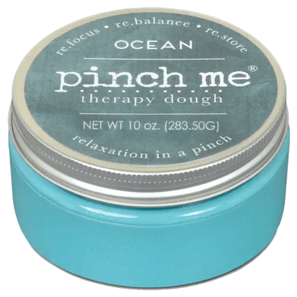 Blue jar of Pinch Me therapy dough with a metal lid