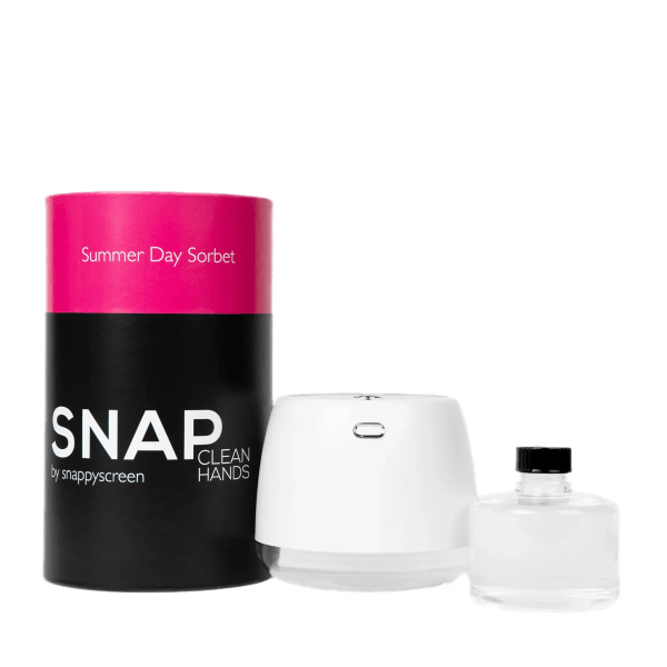 Hand sanitizer set with a black and pink canister, white dispenser, and small bottle