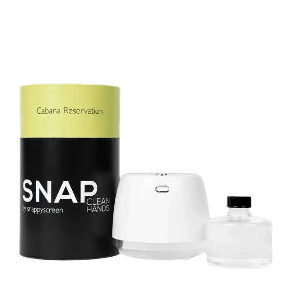 Hand sanitizer set with a black-and-yellow canister, white dispenser, and refill bottle