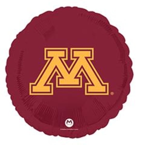 Maroon round balloon with a gold "M" logo