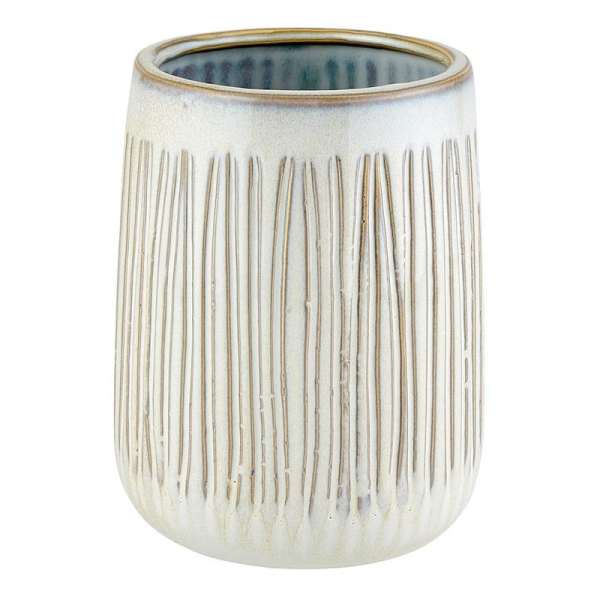 Textured ceramic vase with vertical ridges and a metallic rim