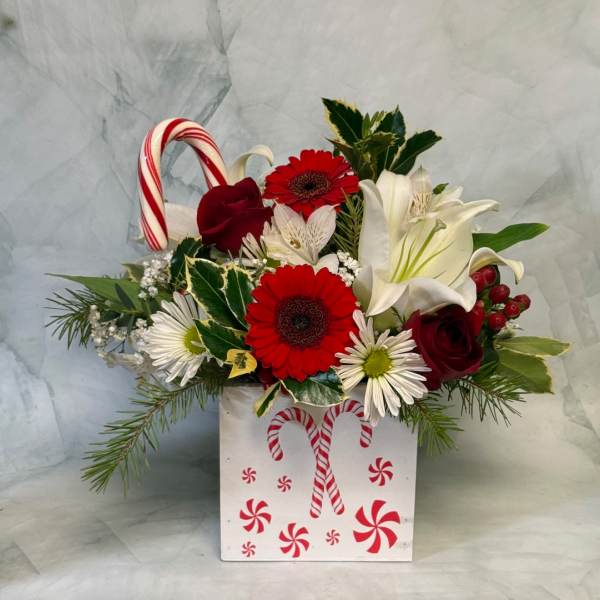 Holiday floral arrangement in a candy cane box with red and white flowers