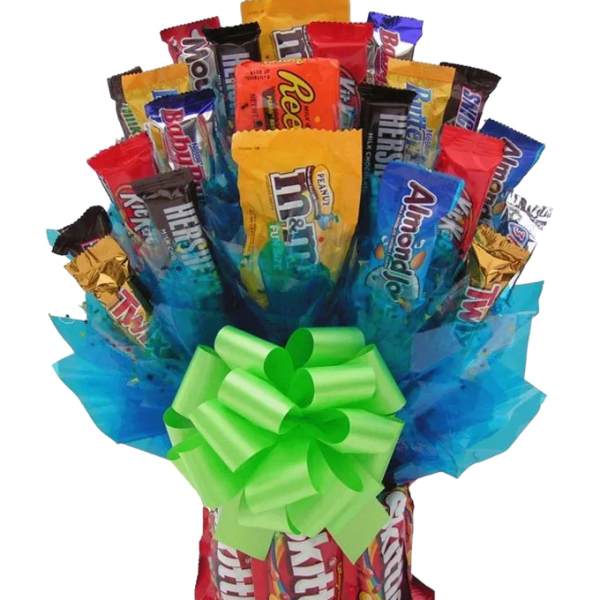 Bouquet of assorted candy bars wrapped with a large green bow