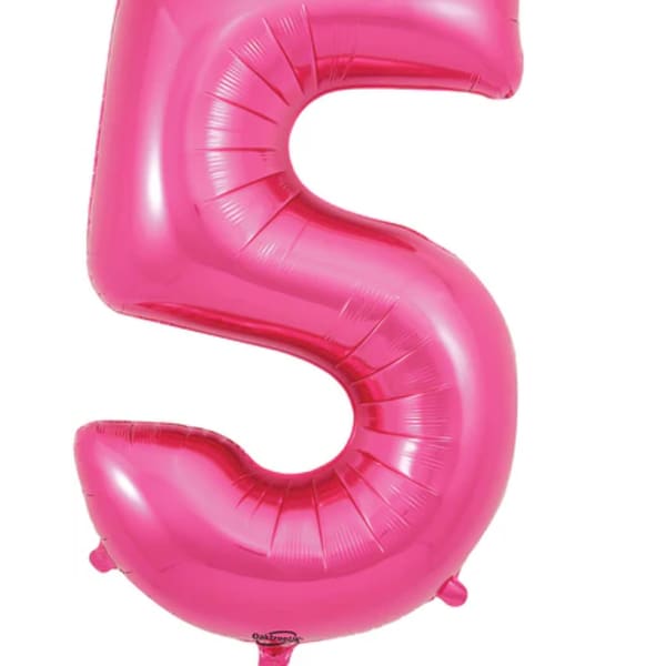 Pink foil balloon shaped like the number 5