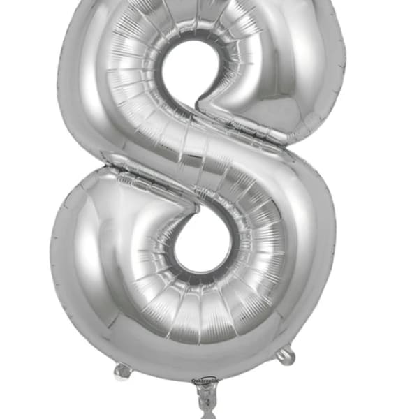 Silver number 8 foil balloon on a white background