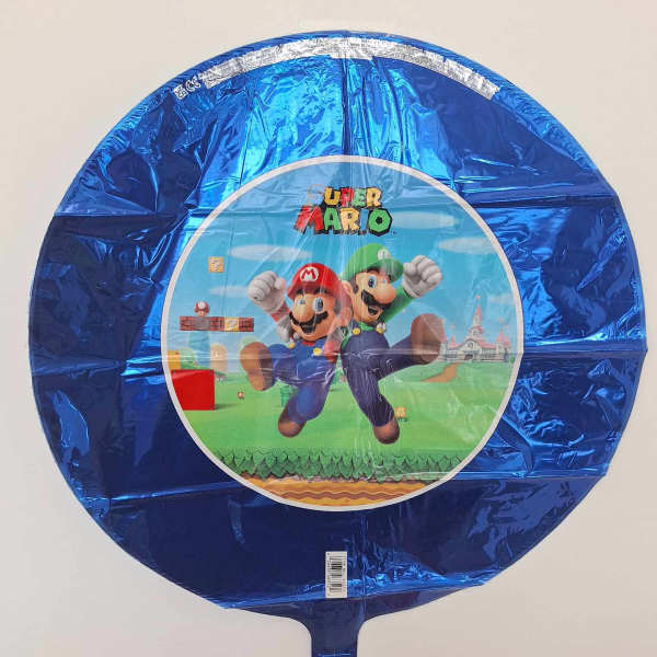 Round blue Super Mario helium balloon with Mario and Luigi artwork