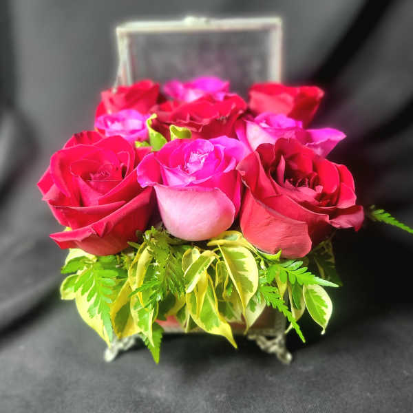 Compact arrangement of red and pink roses in a clear glass box with variegated foliage at the base