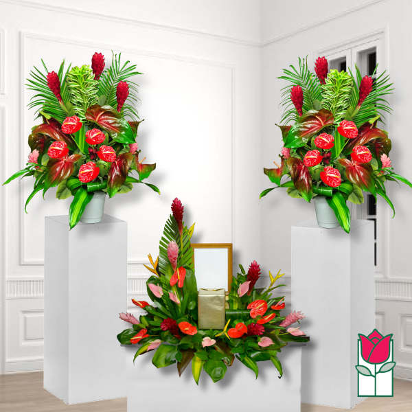 Tropical floral arrangements with red blooms in white vases on pedestals