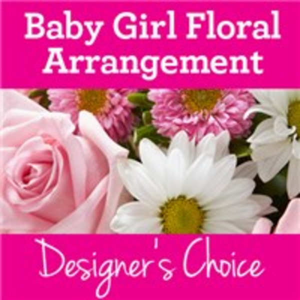 Pink rose and daisy floral arrangement with baby girl text