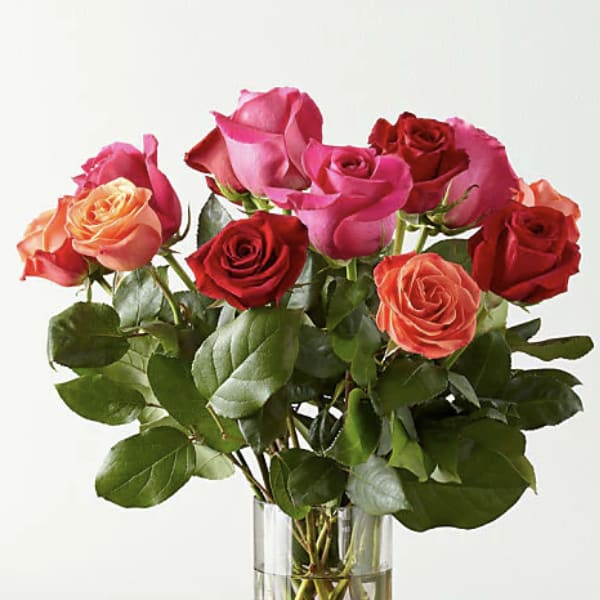 Bouquet of pink, red, and peach roses in a clear glass vase