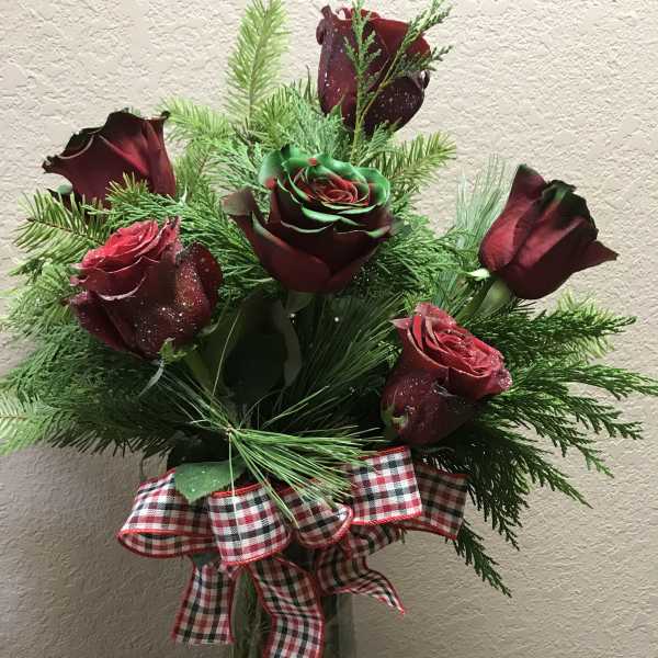 Bouquet of dark red roses with evergreen and a plaid ribbon in a glass vase