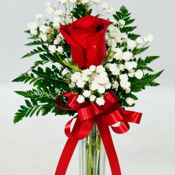 One Single Red Rose in Bud Vase