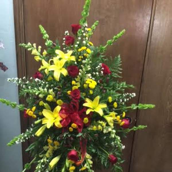 Standing easel spray in white yellow and red