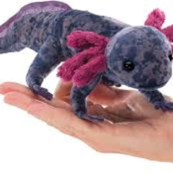 Small plush axolotl toy resting on a hand