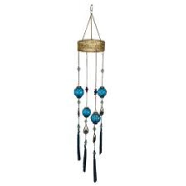 Hanging wind chime with blue glass accents and black tassels