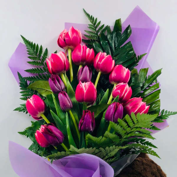 Bouquet of pink and purple tulips wrapped with purple paper, held by a teddy bear
