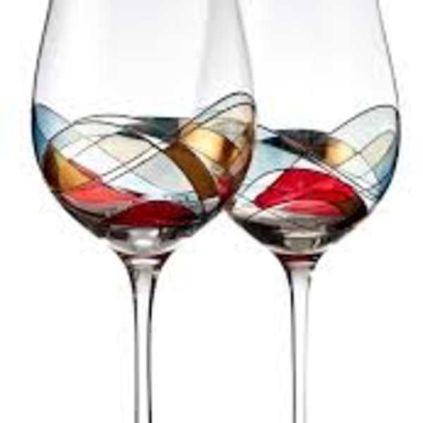Two clear wine glasses with colorful abstract patterns