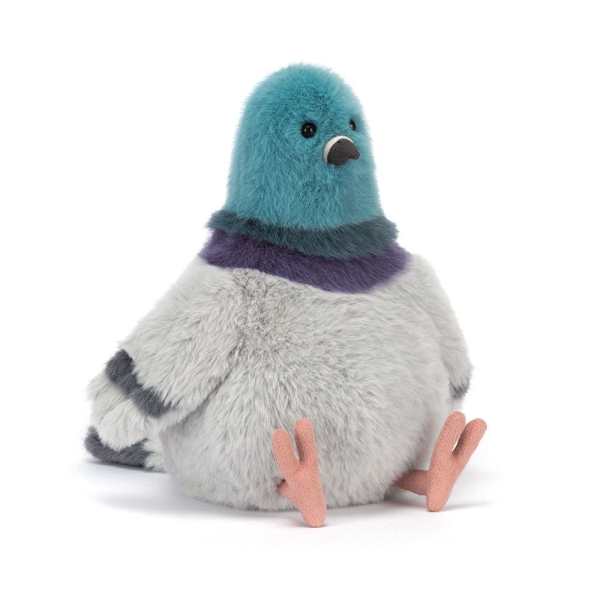 Plush pigeon toy with blue head and gray body