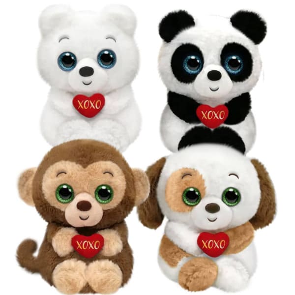 Four plush animals holding red XOXO hearts on a white background