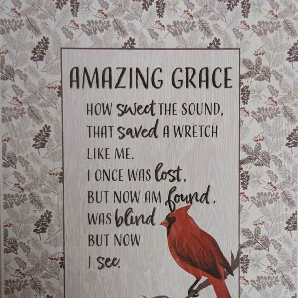Decorative sign with a cardinal and the words "Amazing Grace"