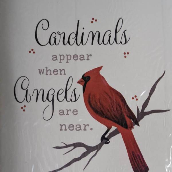 Decorative sign with a red cardinal and the quote "Cardinals appear when Angels are near."