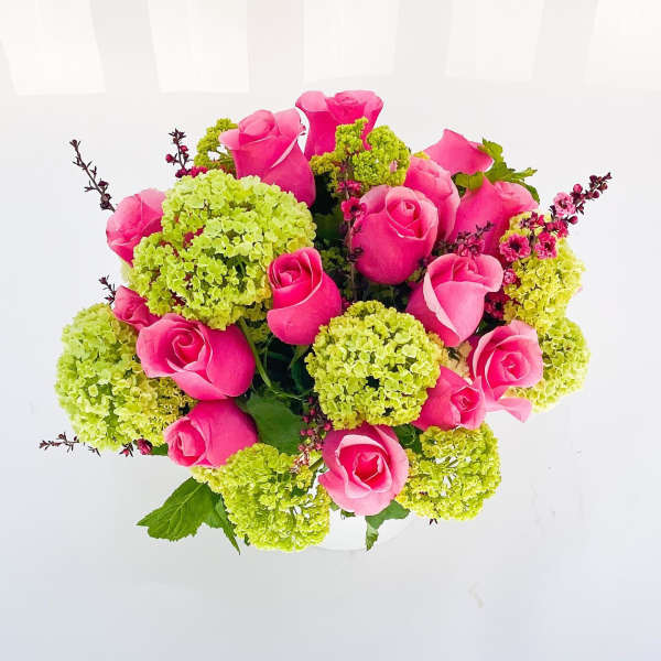 Pink roses with lime-green hydrangeas in a white vase