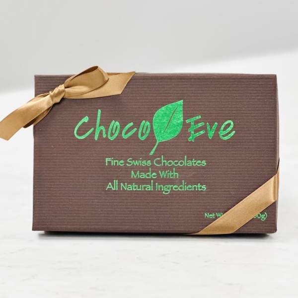 Box of Swiss chocolates tied with gold ribbon