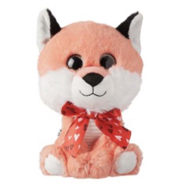 Plush fox toy with a red heart-patterned bow