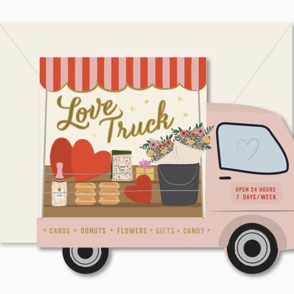 Pink flower truck card with hearts and a bouquet illustration