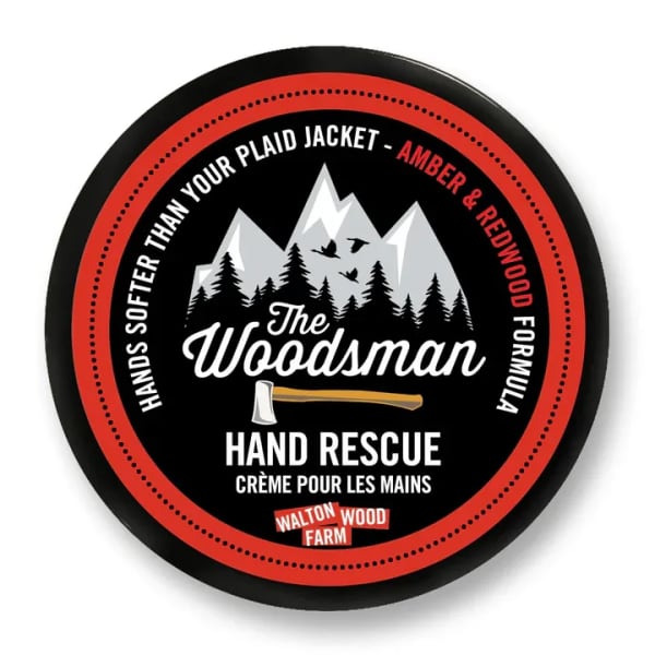 Round tin of hand cream with a woodland label
