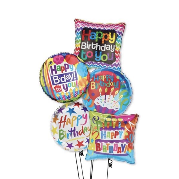Cluster of colorful birthday balloons with printed messages