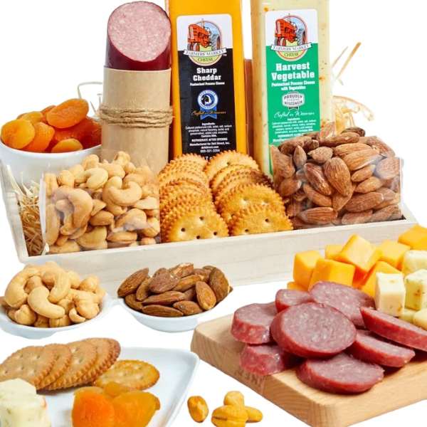Gift basket with cheese, salami, crackers, nuts, and dried fruit