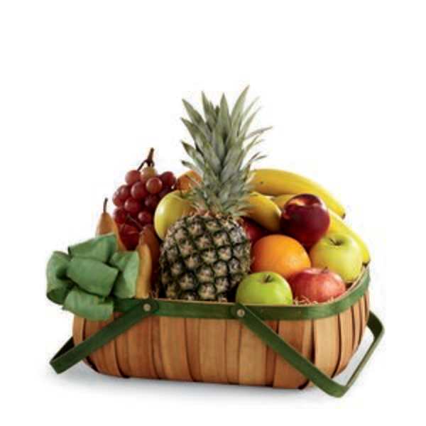 Fruit basket with pineapple, grapes, bananas, apples, pears, and oranges