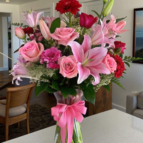 Pink and red mixed bouquet in a clear glass vase with a pink ribbon