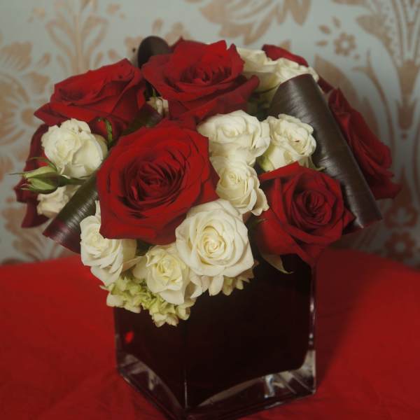 Arrangement of red and white roses in a dark square glass vase on a red cloth.