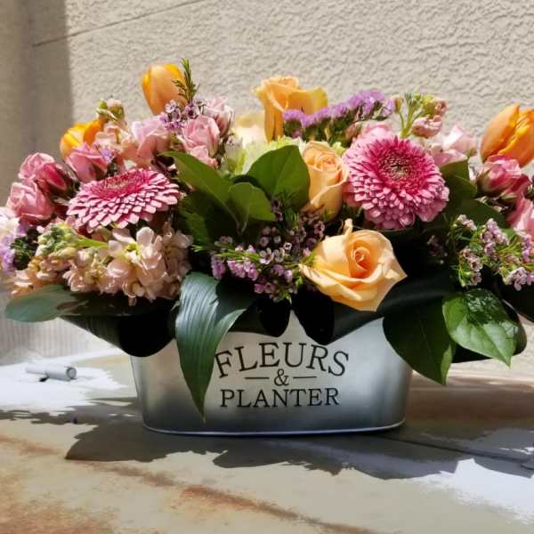 Mixed bouquet of pink, peach, and orange flowers in a metal planter