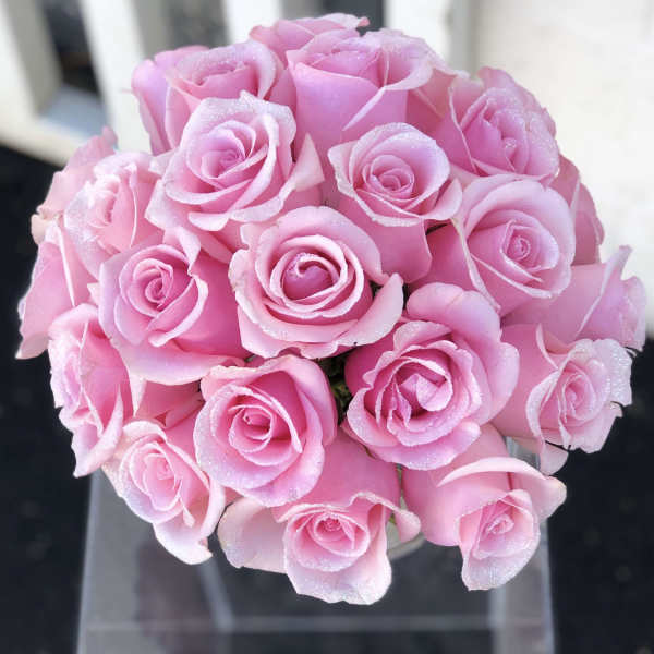 Bouquet of pink roses with a frosted finish