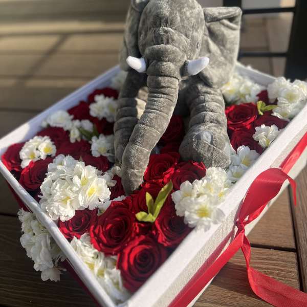 Gray plush elephant in a box of red and white flowers