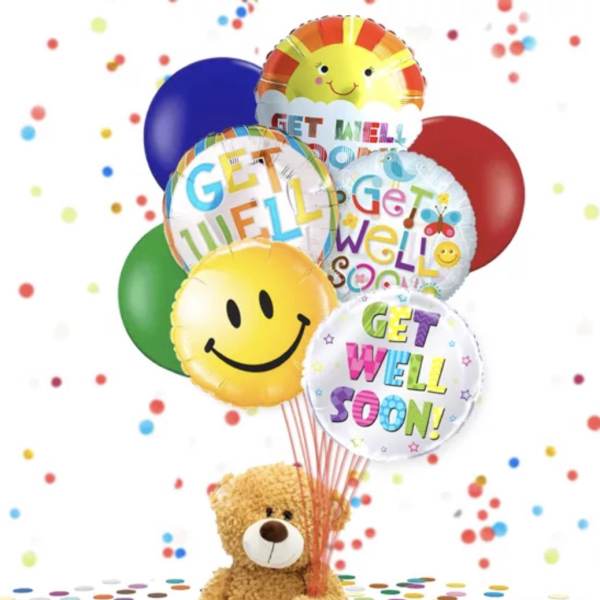 Teddy bear holding colorful get-well balloons
