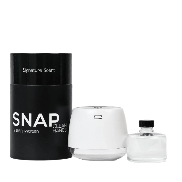 Black SNAP Clean Hands container with a white dispenser and clear refill bottle