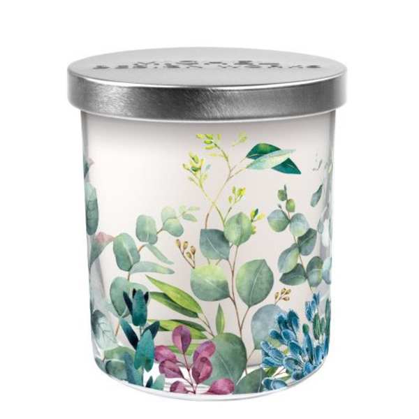 Clear glass candle jar with a silver lid and leafy floral print