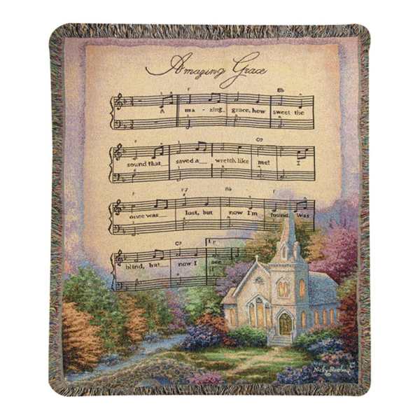 Decorative throw blanket with a church and sheet music design